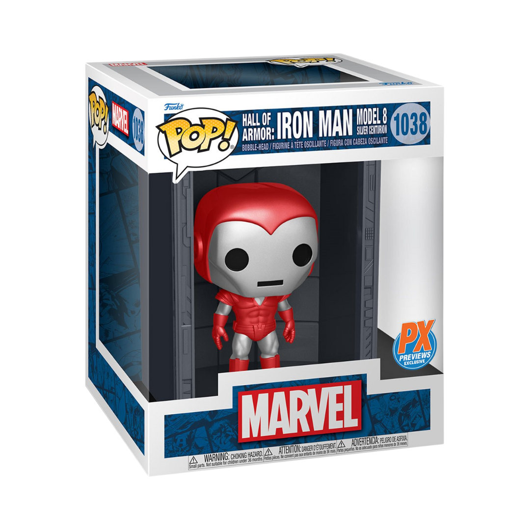 Marvel Iron Man Hall of Armor Iron Man Model 8 Silver Centurion Iron Man Deluxe Pop! Vinyl Figure - Previews Exclusive